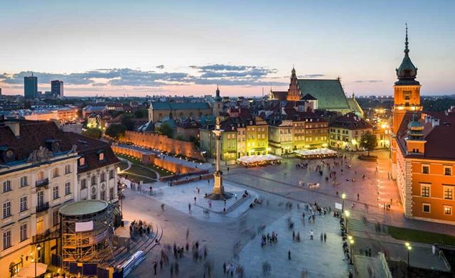 Aerial view of Warsaw Old Town at twilight